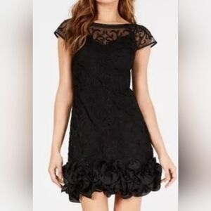 Guess Black Floral Embroidered Overlay w/Ruffled Hem Mini Dress - Size 12